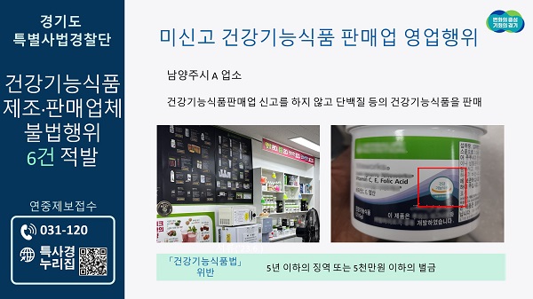 경기도 특사경, 미신고 건강기능식품 판매업체 등 불법행위 6건 적발